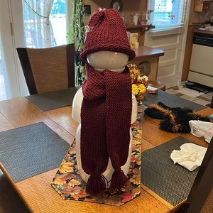 Beautiful Girl’s Handmade knit Burgundy Hat and scarf with Pompoms ends scarf